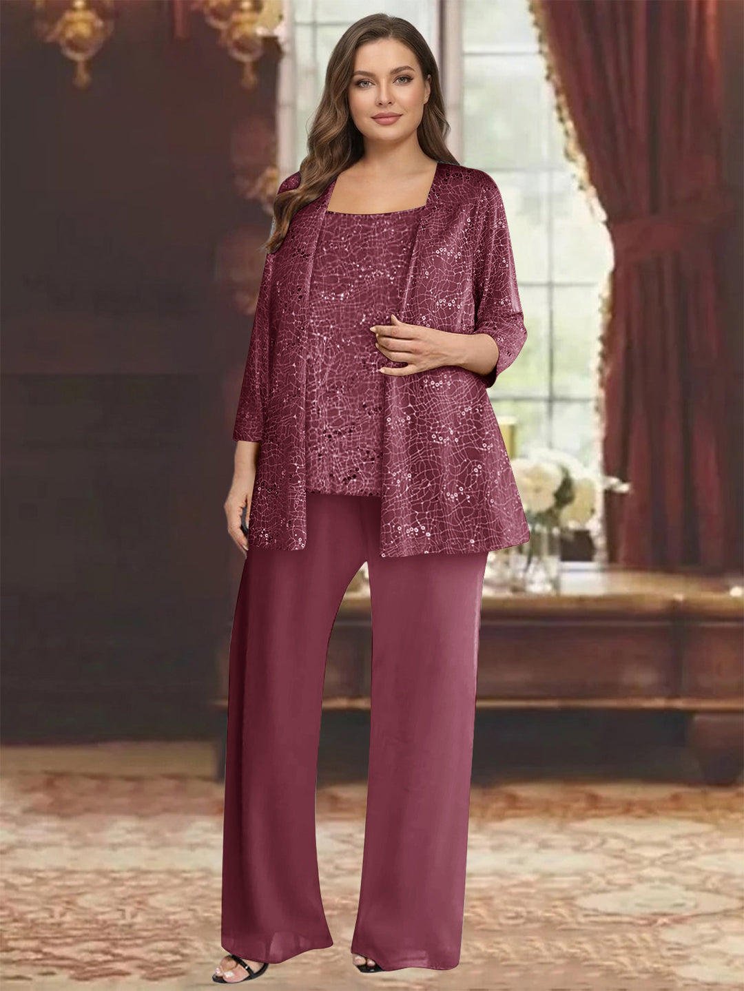 Chiffon Scoop 3/4 Sleeves 3 Pieces Pantsuits with Sequin&amp; Jacket