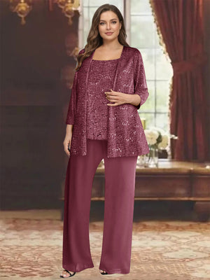 Chiffon Scoop 3/4 Sleeves 3 Pieces Pantsuits with Sequin& Jacket