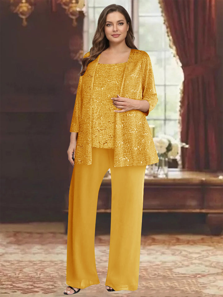 Chiffon Scoop 3/4 Sleeves 3 Pieces Pantsuits with Sequin&amp; Jacket