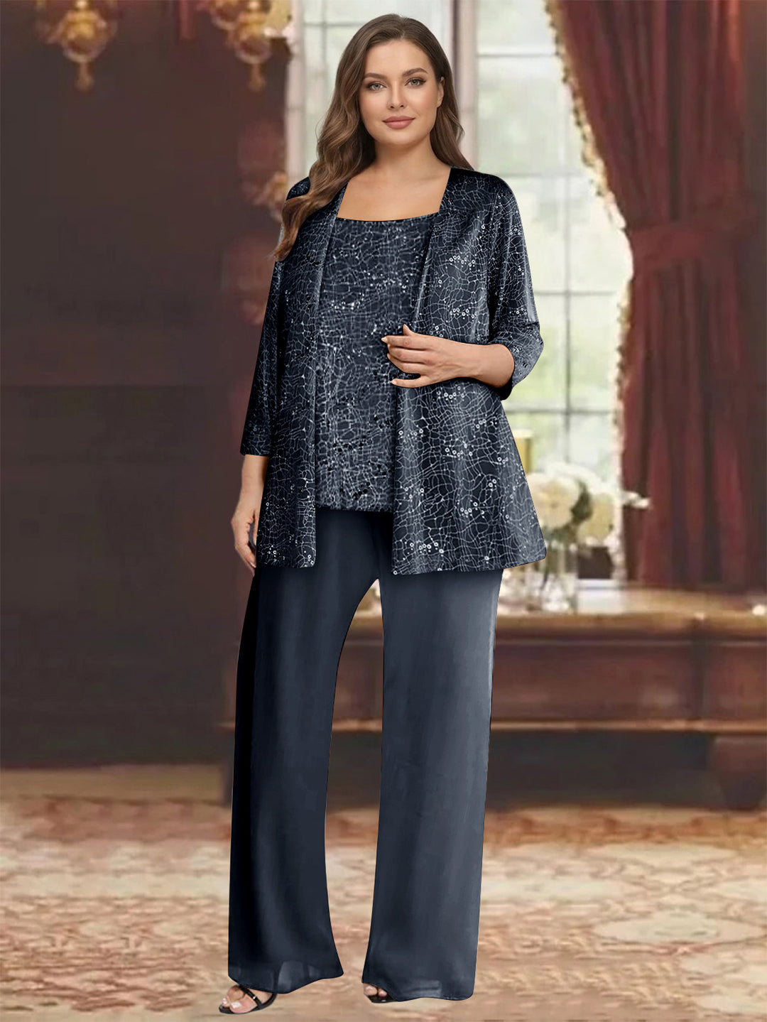 Chiffon Scoop 3/4 Sleeves 3 Pieces Pantsuits with Sequin&amp; Jacket