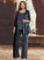 Chiffon Scoop 3/4 Sleeves 3 Pieces Pantsuits with Sequin& Jacket
