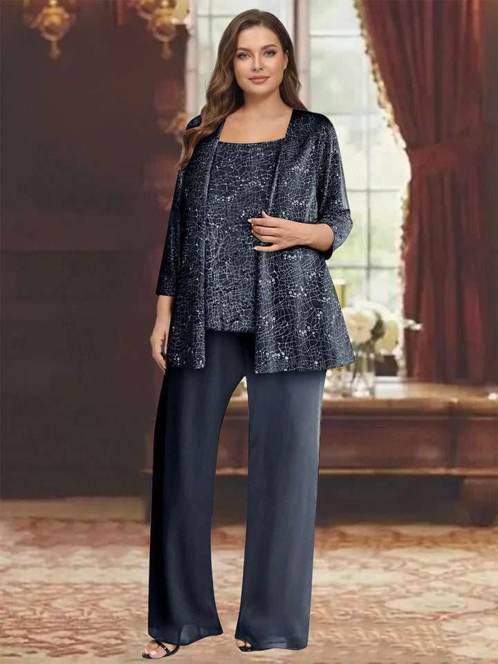 Chiffon Scoop 3/4 Sleeves 3 Pieces Pantsuits with Sequin&amp; Jacket