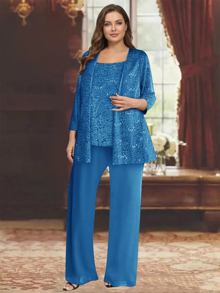 Chiffon Scoop 3/4 Sleeves 3 Pieces Pantsuits with Sequin&amp; Jacket