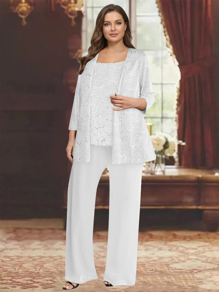 Chiffon Scoop 3/4 Sleeves 3 Pieces Pantsuits with Sequin&amp; Jacket