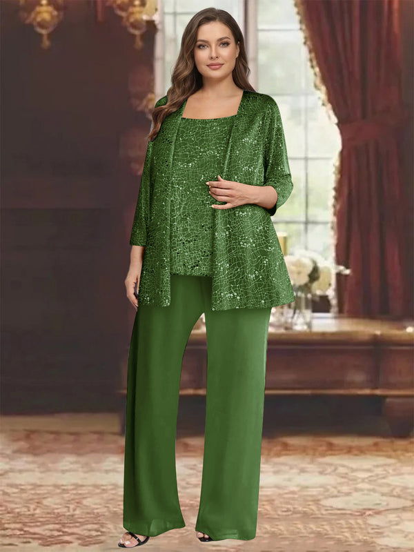Chiffon Scoop 3/4 Sleeves 3 Pieces Pantsuits with Sequin& Jacket