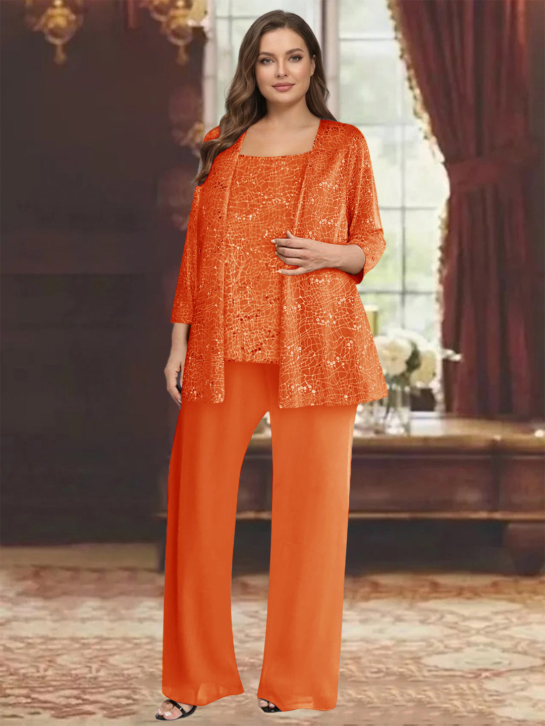 Chiffon Scoop 3/4 Sleeves 3 Pieces Pantsuits with Sequin&amp; Jacket