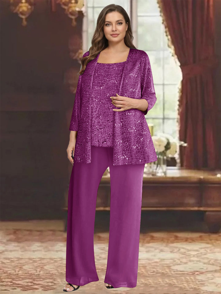 Chiffon Scoop 3/4 Sleeves 3 Pieces Pantsuits with Sequin&amp; Jacket