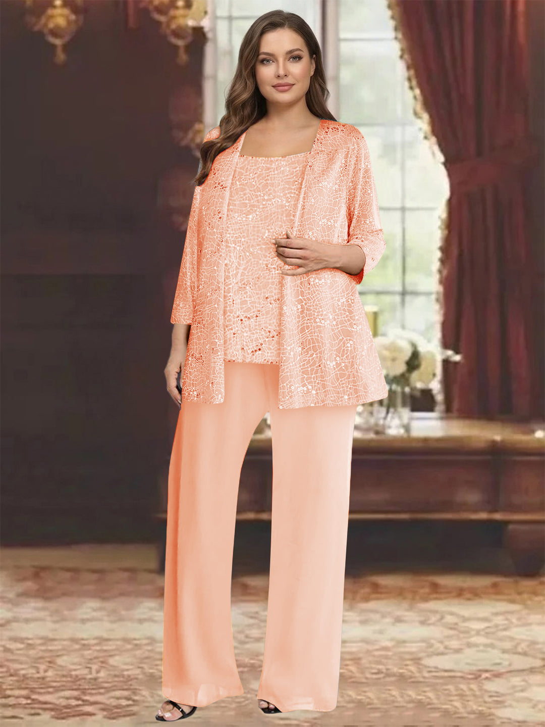 Chiffon Scoop 3/4 Sleeves 3 Pieces Pantsuits with Sequin&amp; Jacket