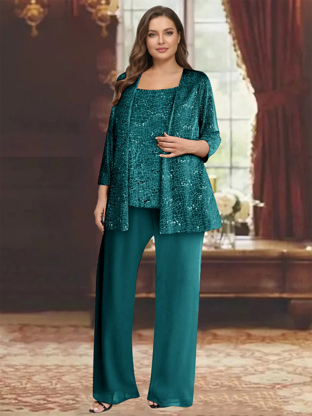 Chiffon Scoop 3/4 Sleeves 3 Pieces Pantsuits with Sequin&amp; Jacket