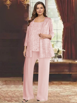 Chiffon Scoop 3/4 Sleeves 3 Pieces Pantsuits with Sequin& Jacket
