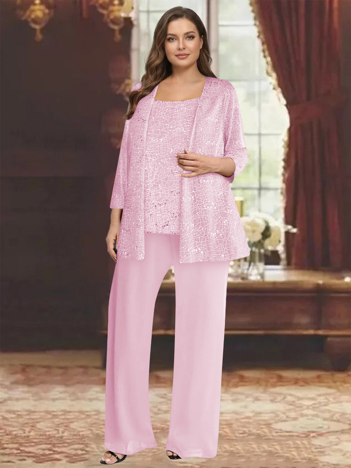 Chiffon Scoop 3/4 Sleeves 3 Pieces Pantsuits with Sequin&amp; Jacket