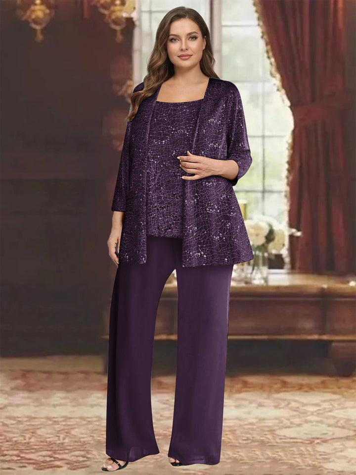 Chiffon Scoop 3/4 Sleeves 3 Pieces Pantsuits with Sequin&amp; Jacket
