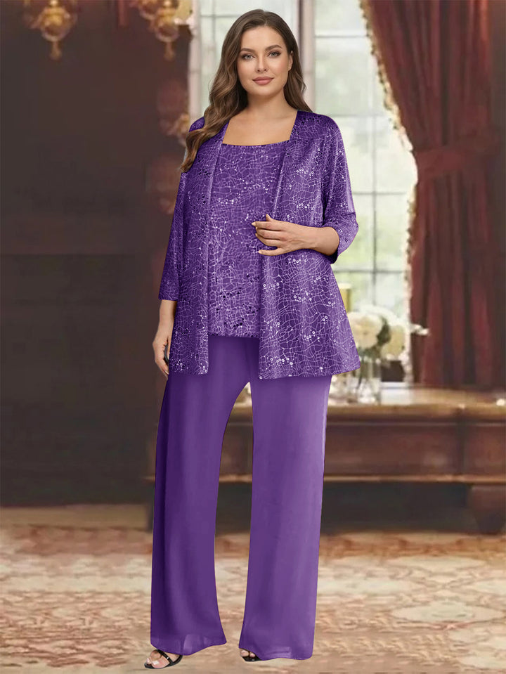 Chiffon Scoop 3/4 Sleeves 3 Pieces Pantsuits with Sequin&amp; Jacket