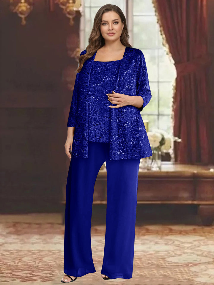 Chiffon Scoop 3/4 Sleeves 3 Pieces Pantsuits with Sequin&amp; Jacket