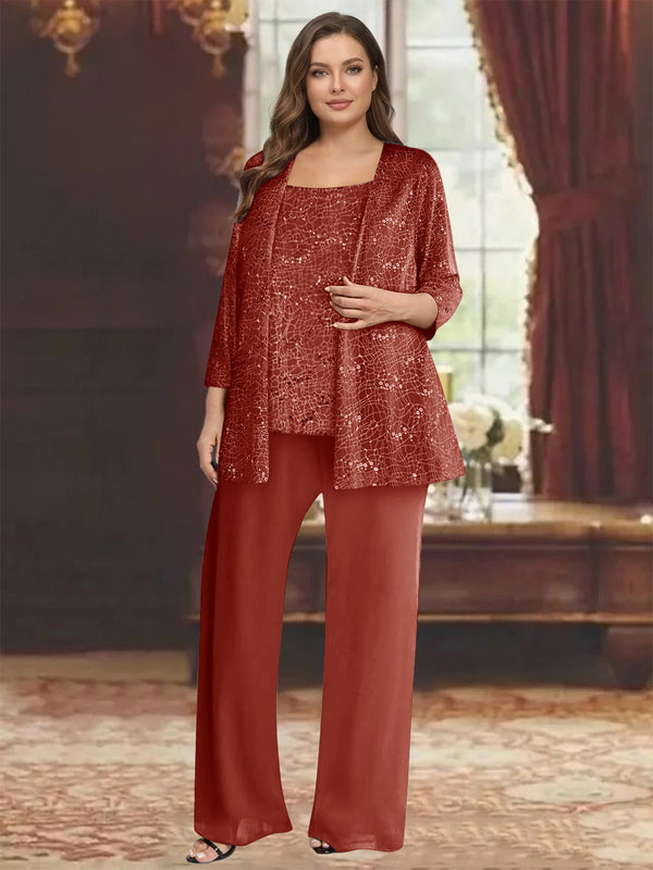 Chiffon Scoop 3/4 Sleeves 3 Pieces Pantsuits with Sequin& Jacket