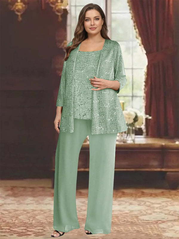Chiffon Scoop 3/4 Sleeves 3 Pieces Pantsuits with Sequin& Jacket