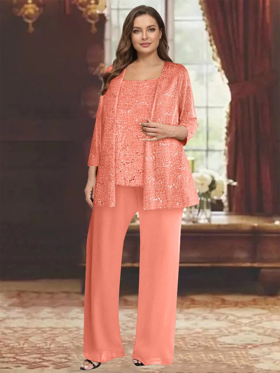 Chiffon Scoop 3/4 Sleeves 3 Pieces Pantsuits with Sequin&amp; Jacket