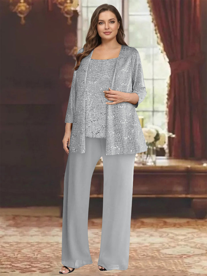Chiffon Scoop 3/4 Sleeves 3 Pieces Pantsuits with Sequin&amp; Jacket