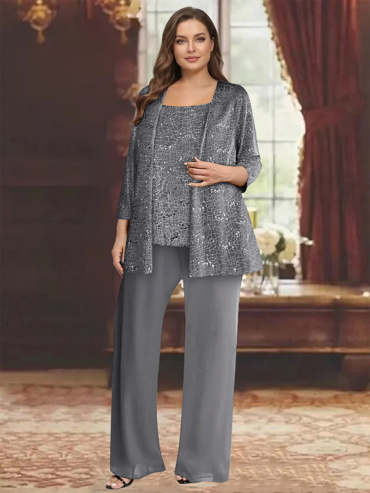 Chiffon Scoop 3/4 Sleeves 3 Pieces Pantsuits with Sequin&amp; Jacket