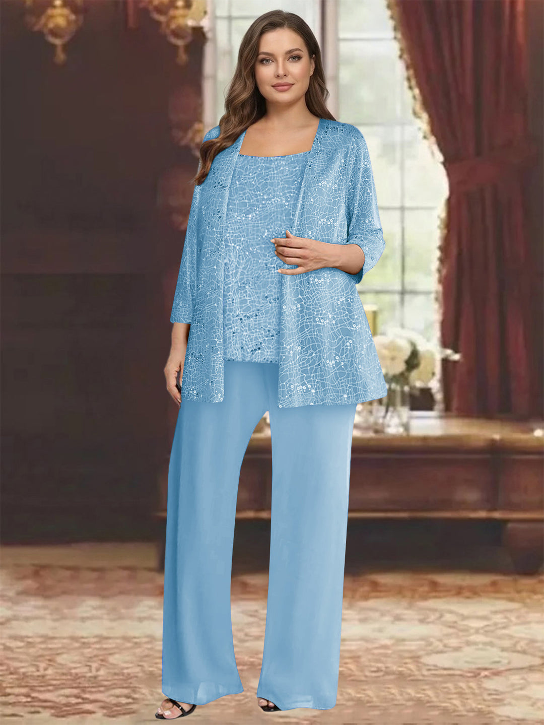 Chiffon Scoop 3/4 Sleeves 3 Pieces Pantsuits with Sequin&amp; Jacket