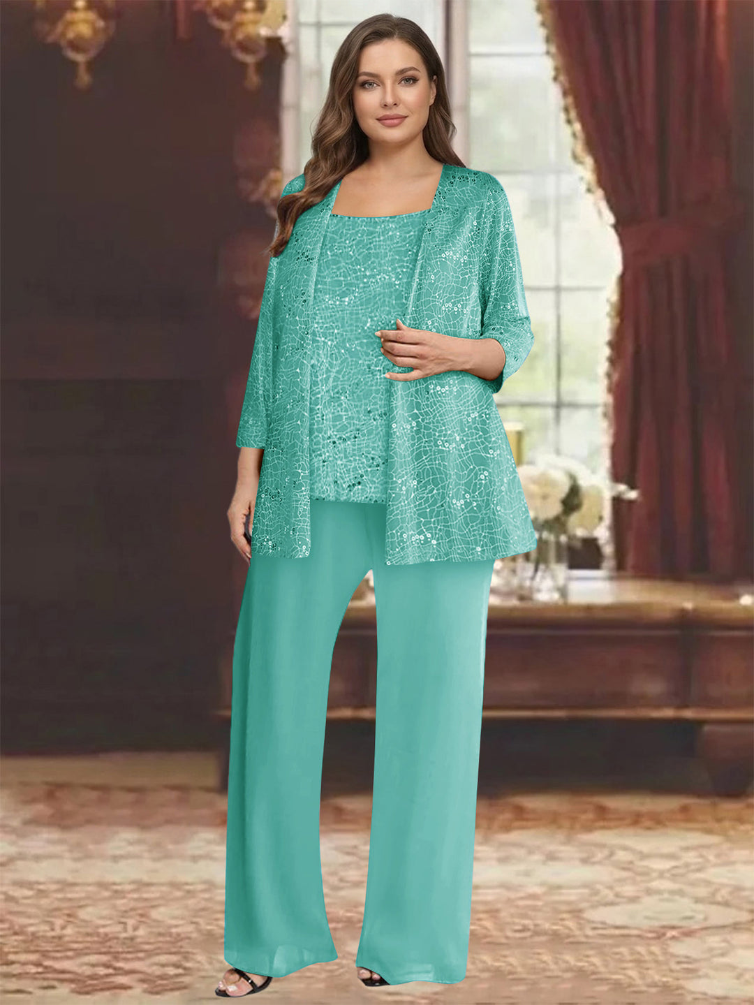 Chiffon Scoop 3/4 Sleeves 3 Pieces Pantsuits with Sequin&amp; Jacket
