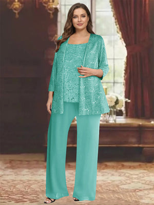 Chiffon Scoop 3/4 Sleeves 3 Pieces Pantsuits with Sequin& Jacket