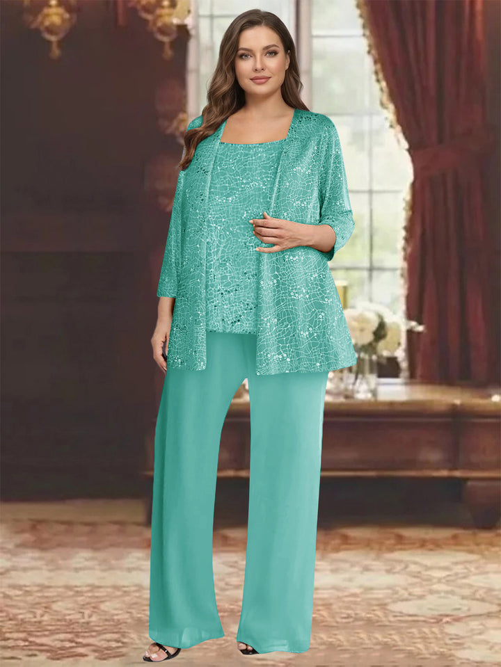 Chiffon Scoop 3/4 Sleeves 3 Pieces Pantsuits with Sequin&amp; Jacket