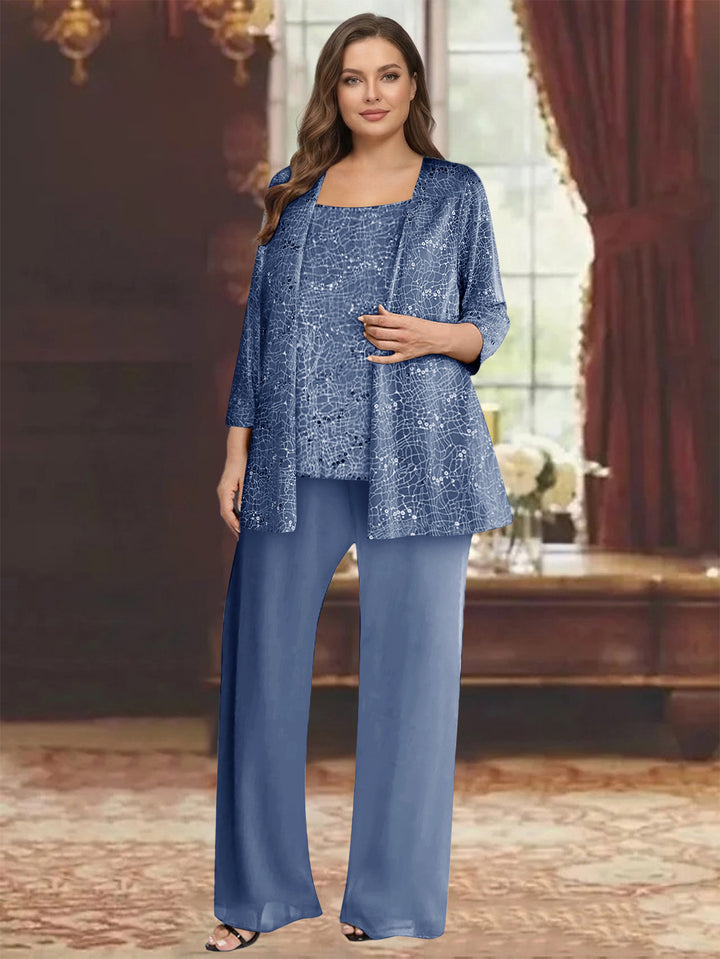 Chiffon Scoop 3/4 Sleeves 3 Pieces Pantsuits with Sequin&amp; Jacket