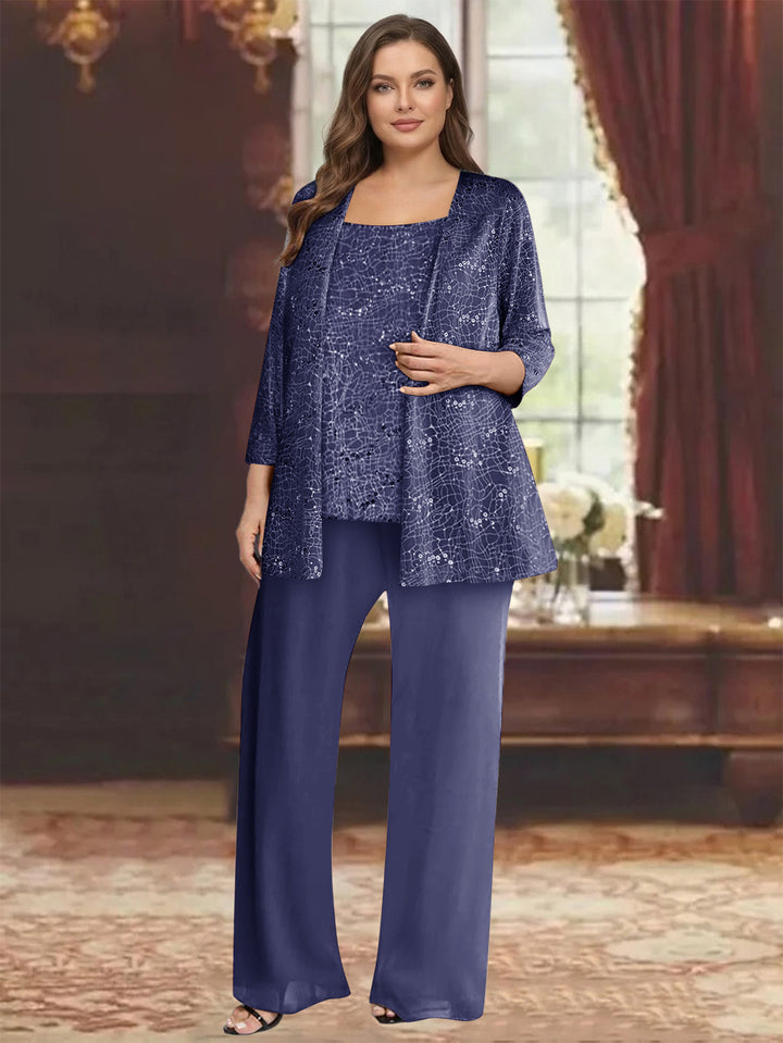 Chiffon Scoop 3/4 Sleeves 3 Pieces Pantsuits with Sequin&amp; Jacket
