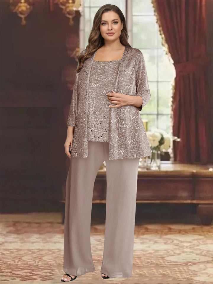 Chiffon Scoop 3/4 Sleeves 3 Pieces Pantsuits with Sequin&amp; Jacket