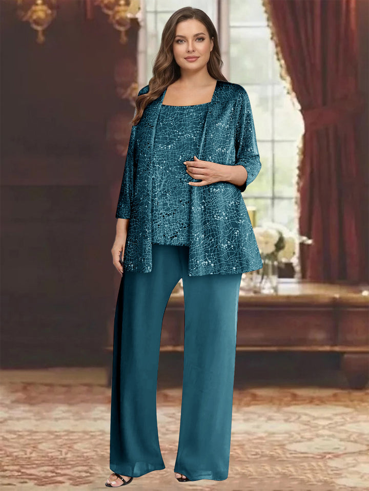 Chiffon Scoop 3/4 Sleeves 3 Pieces Pantsuits with Sequin&amp; Jacket