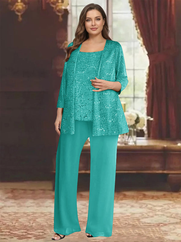 Chiffon Scoop 3/4 Sleeves 3 Pieces Pantsuits with Sequin& Jacket