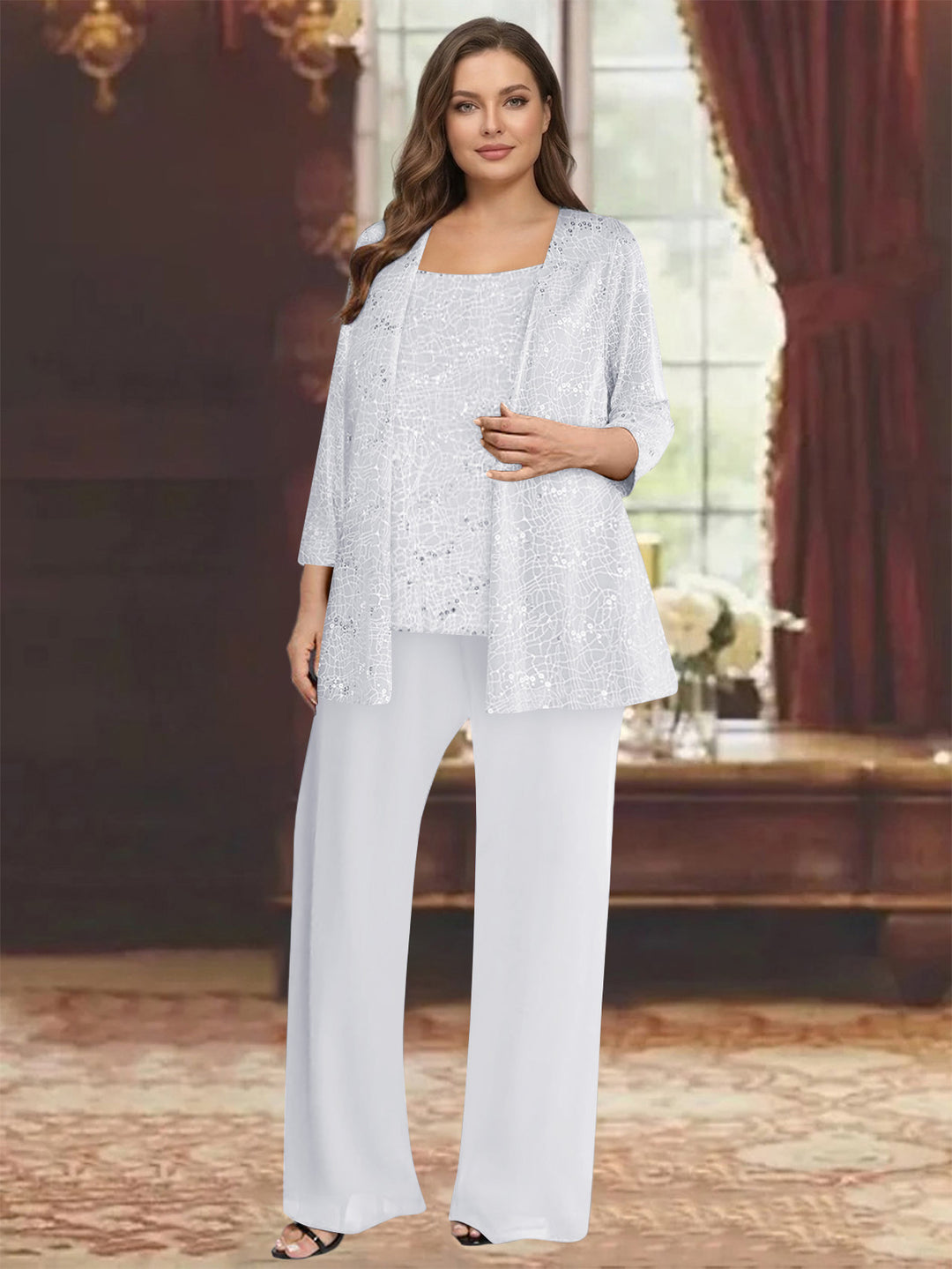 Chiffon Scoop 3/4 Sleeves 3 Pieces Pantsuits with Sequin&amp; Jacket