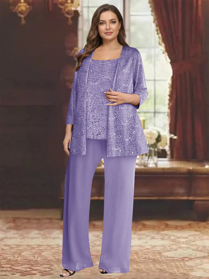 Chiffon Scoop 3/4 Sleeves 3 Pieces Pantsuits with Sequin&amp; Jacket