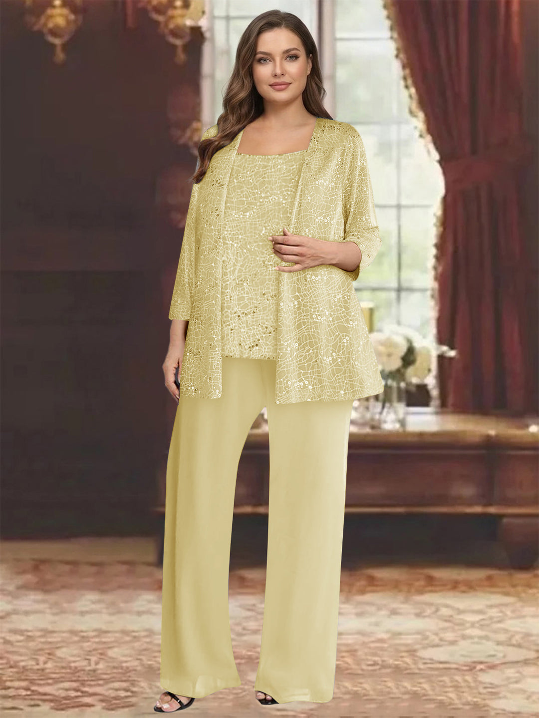 Chiffon Scoop 3/4 Sleeves 3 Pieces Pantsuits with Sequin&amp; Jacket