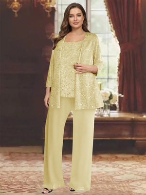 Chiffon Scoop 3/4 Sleeves 3 Pieces Pantsuits with Sequin& Jacket