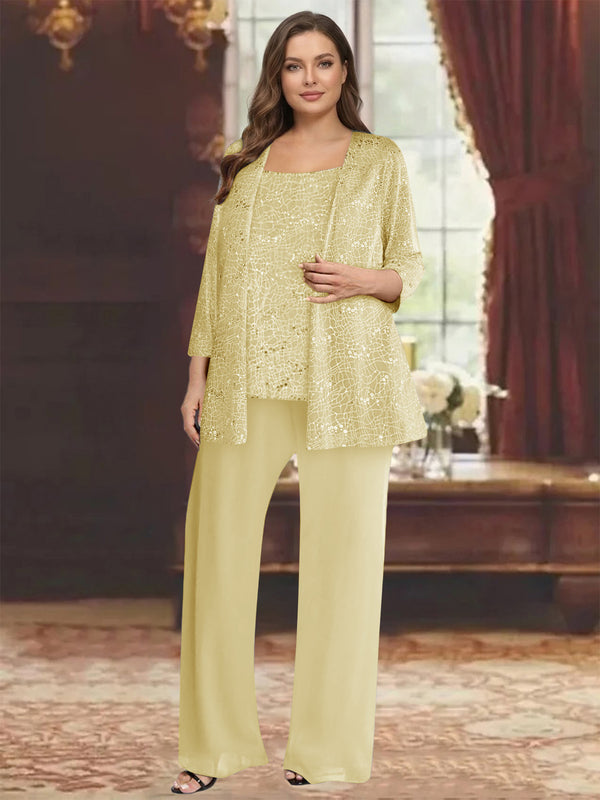 Chiffon Scoop 3/4 Sleeves 3 Pieces Pantsuits with Sequin& Jacket