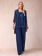 Chiffon Scoop 3/4 Sleeves 3 Pieces Pantsuits with Applique & Jacket