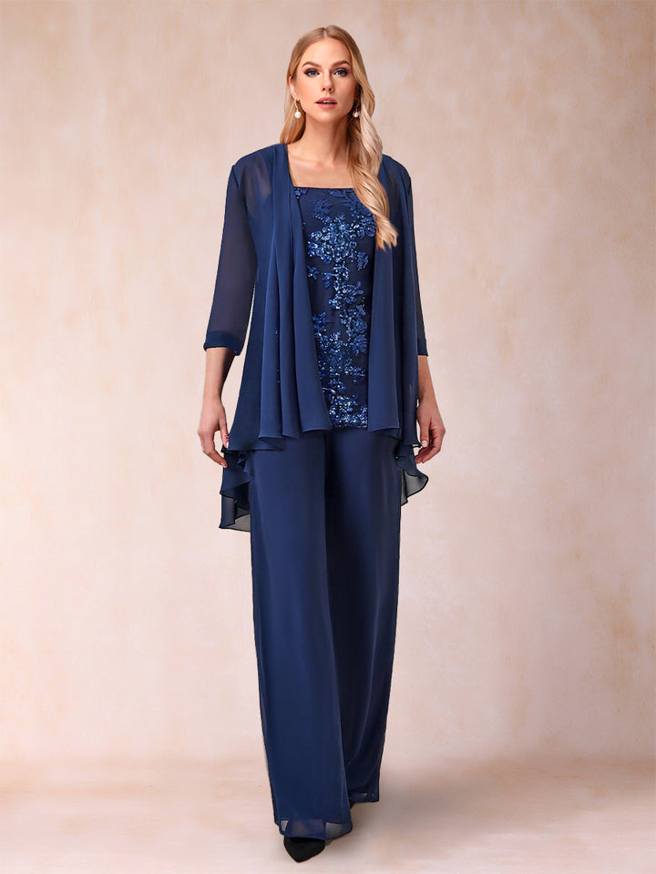 Chiffon Scoop 3/4 Sleeves 3 Pieces Pantsuits with Applique &amp; Jacket