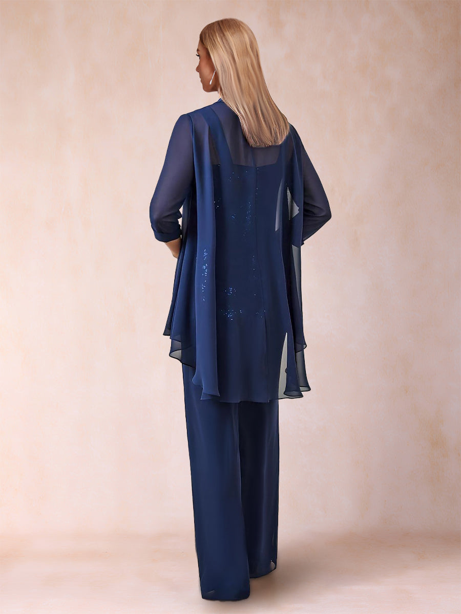 Chiffon Scoop 3/4 Sleeves 3 Pieces Pantsuits with Applique &amp; Jacket