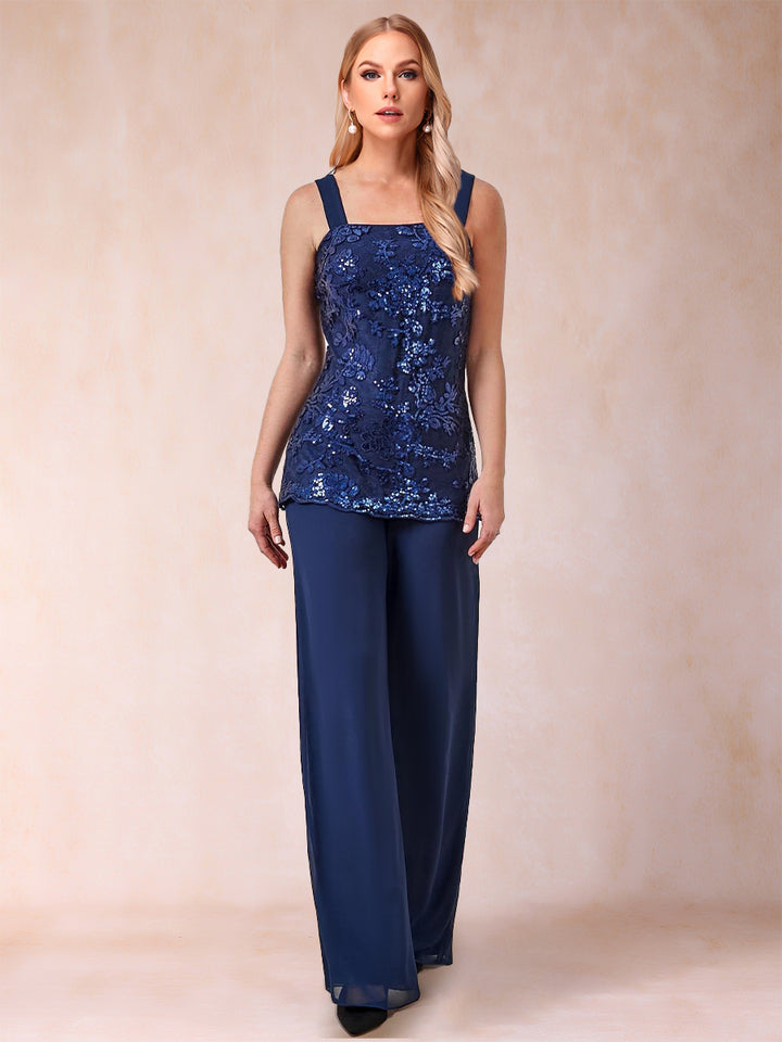 Chiffon Scoop 3/4 Sleeves 3 Pieces Pantsuits with Applique &amp; Jacket