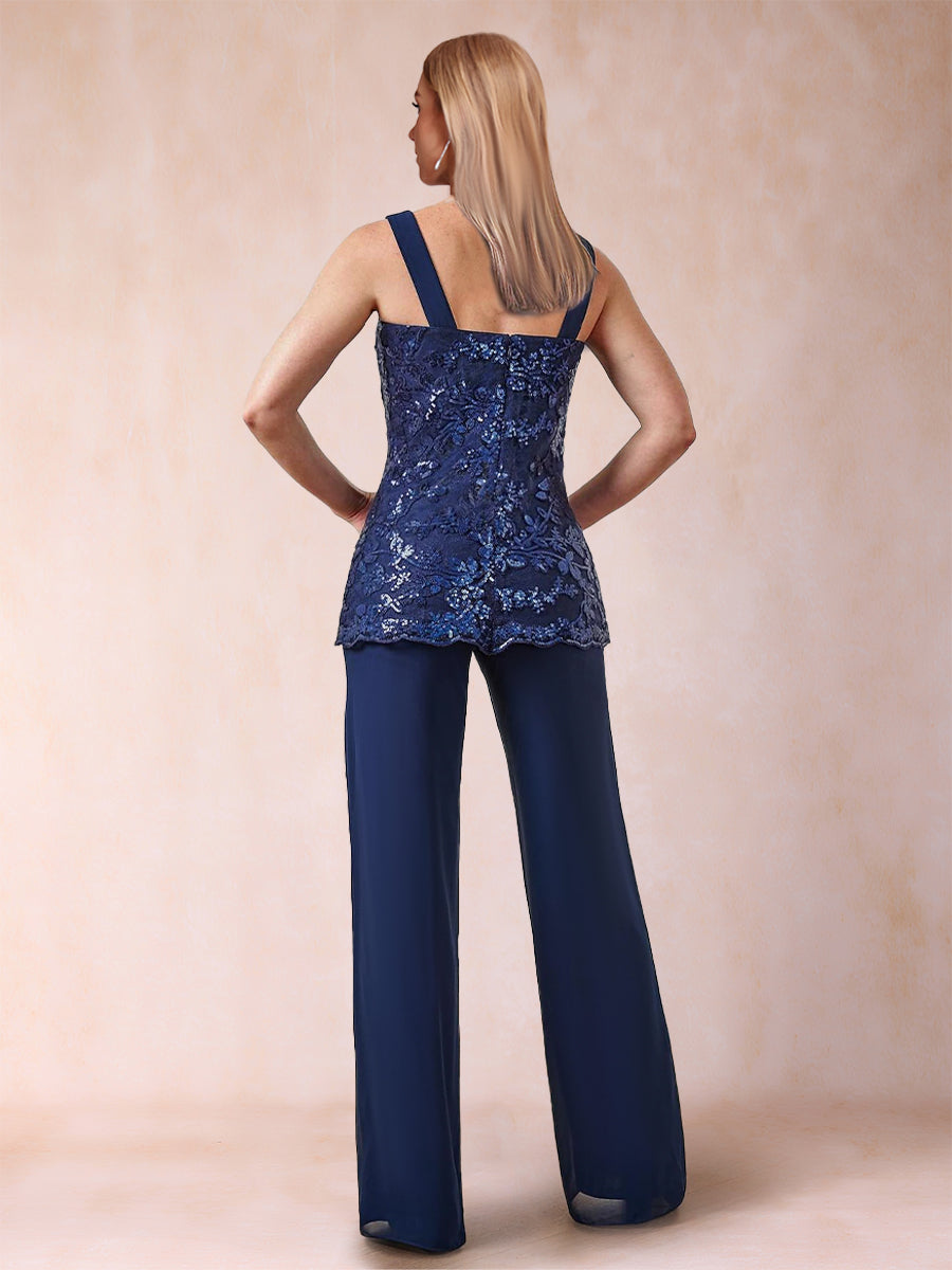 Chiffon Scoop 3/4 Sleeves 3 Pieces Pantsuits with Applique &amp; Jacket