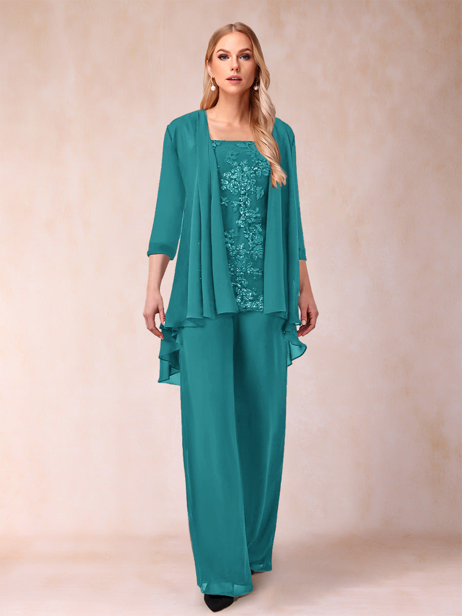 Chiffon Scoop 3/4 Sleeves 3 Pieces Pantsuits with Applique &amp; Jacket