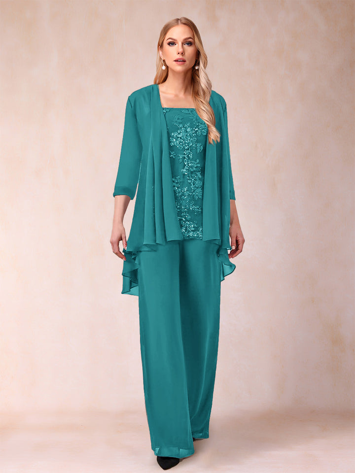 Chiffon Scoop 3/4 Sleeves 3 Pieces Pantsuits with Applique &amp; Jacket