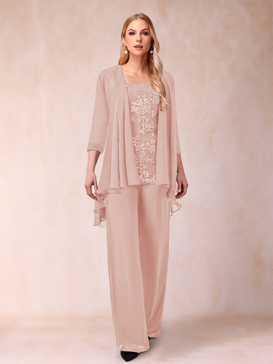 Chiffon Scoop 3/4 Sleeves 3 Pieces Pantsuits with Applique &amp; Jacket