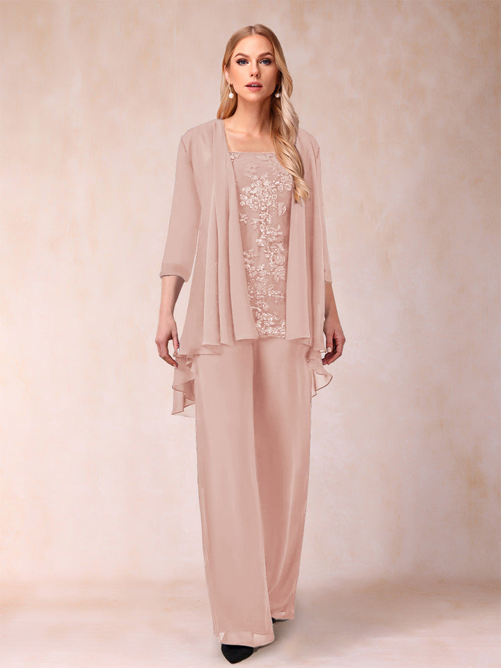Chiffon Scoop 3/4 Sleeves 3 Pieces Pantsuits with Applique &amp; Jacket