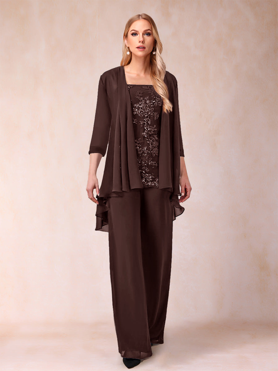 Chiffon Scoop 3/4 Sleeves 3 Pieces Pantsuits with Applique &amp; Jacket