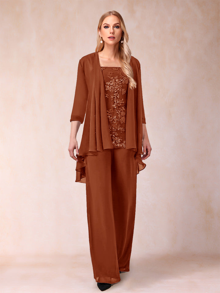 Chiffon Scoop 3/4 Sleeves 3 Pieces Pantsuits with Applique &amp; Jacket