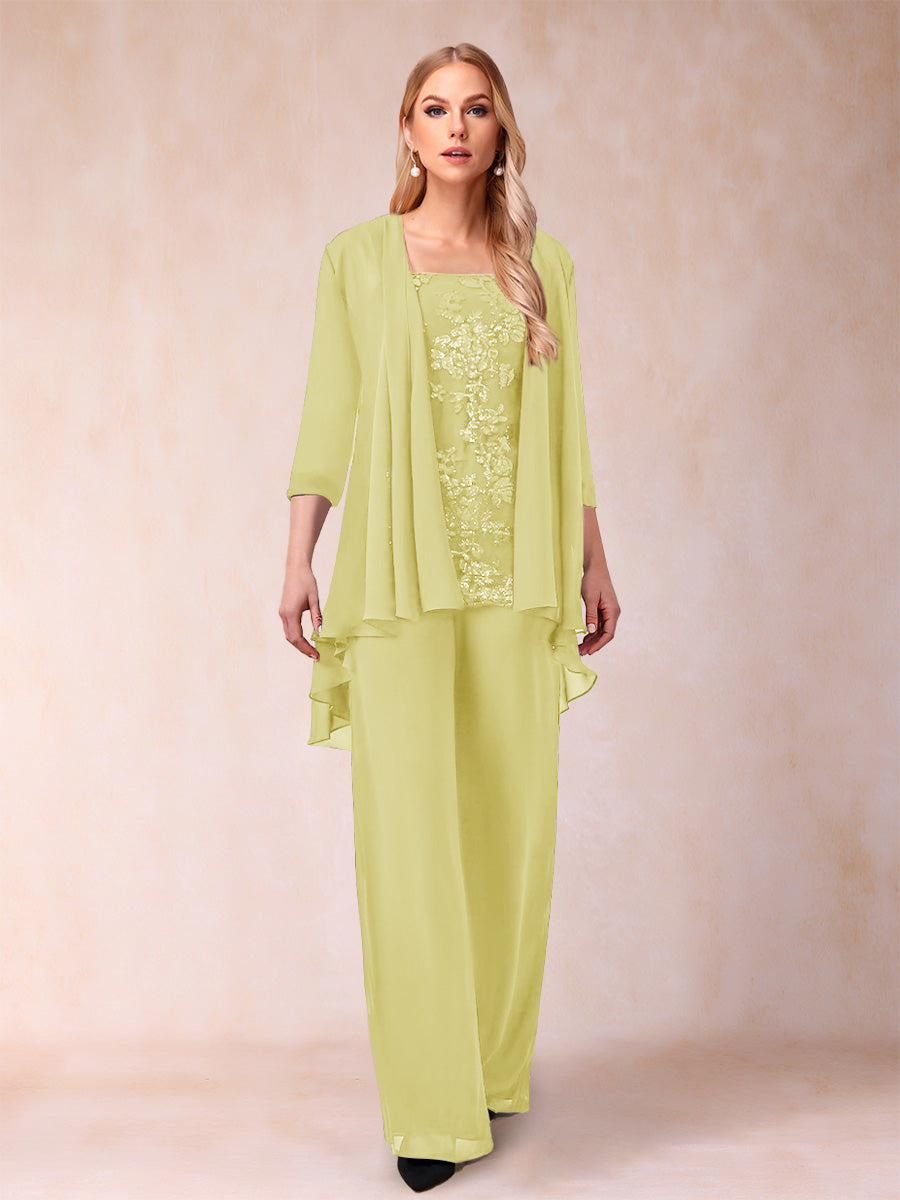 Chiffon Scoop 3/4 Sleeves 3 Pieces Pantsuits with Applique &amp; Jacket