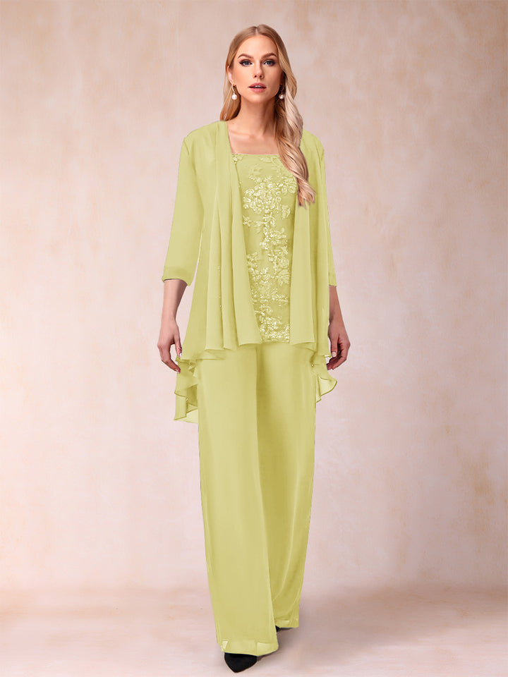 Chiffon Scoop 3/4 Sleeves 3 Pieces Pantsuits with Applique &amp; Jacket